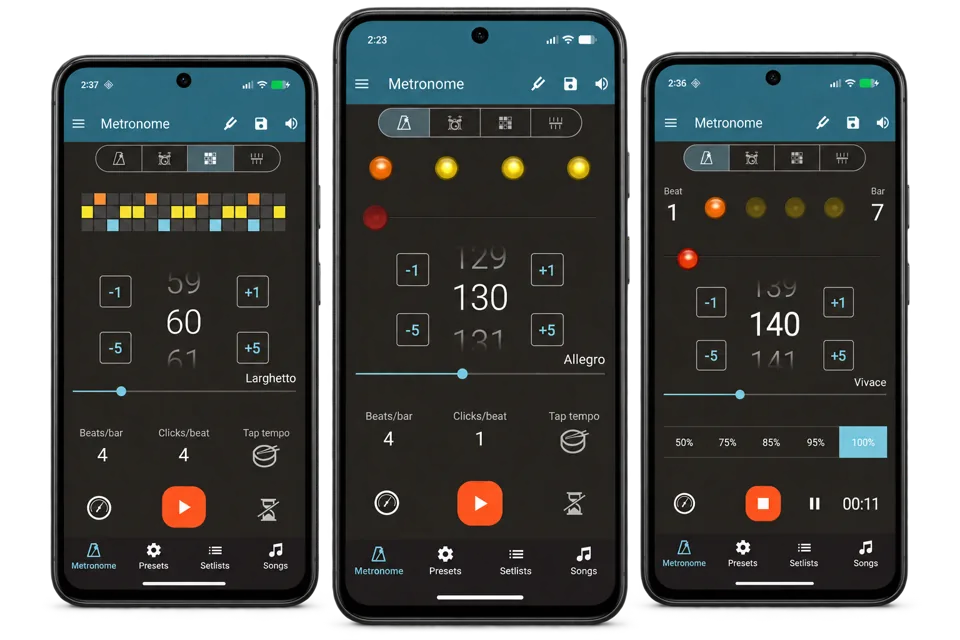 Metronome Beats tempo and rhythm screens on mobile phones